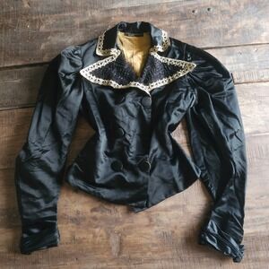 Antique 1880s Victorian Black Satin Beaded Lace Bodice Jacket Gothic  Coat Rare